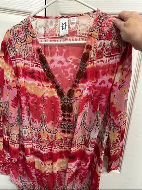 Marc Bouwer Pink Peach Beaded V-Neck Tunic Top